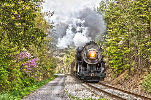 A steam engine jugging alongside the bike trail in Western Maryland in the springtime. 