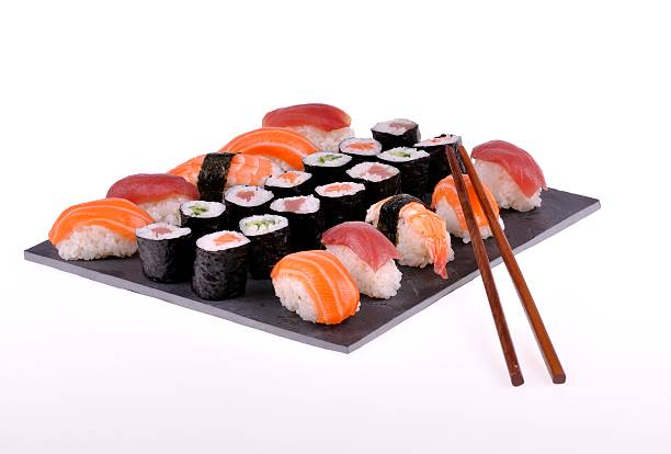 istock plate of sushi on white background 476556817