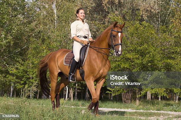 Mujer Joven Montando A Caballo A Través Del Bosque Foto de stock y más banco de imágenes de Actividad - Actividad, Adulto, Adulto joven