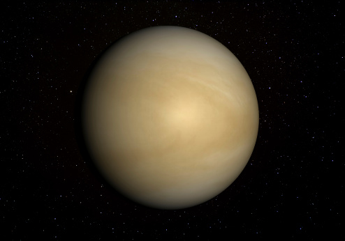 This image shows the visible yellow cloud tops of Venus, rather than the solid surface revealed by radar.