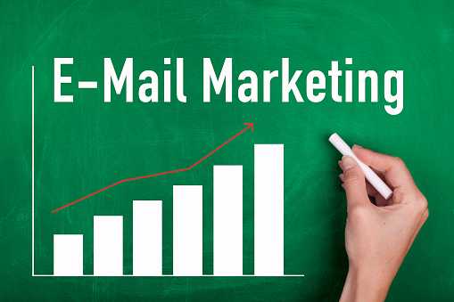 E-mail marketing concept with moving up graph on chalkboard