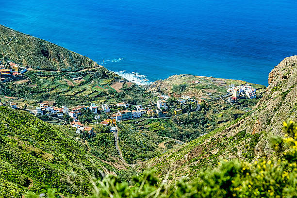 istock Village in green valley near ocean 476573148
