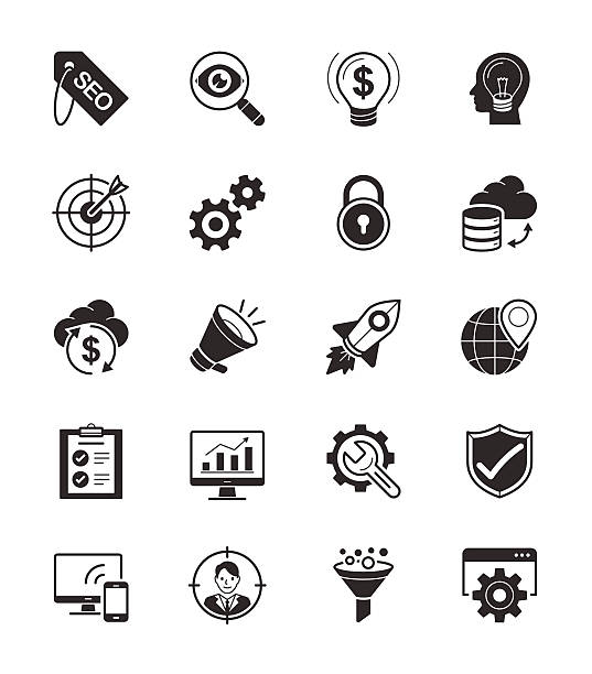 SEO & Internet icon set on White Background Vector Illustration An illustration set for your web page, presentation, & design products. service drawings stock illustrations