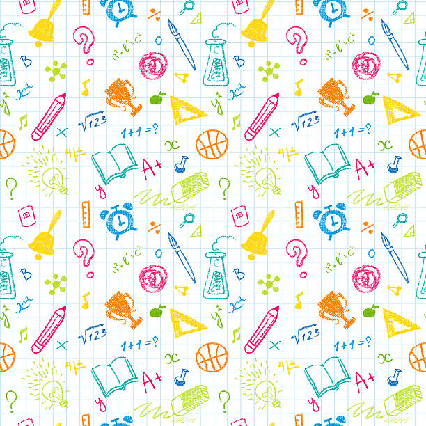 illustrations, cliparts, dessins animés et icônes de main dessinée doodled scolaires à la craie sur fond blanc, motif damier - pattern seamless textured effect image