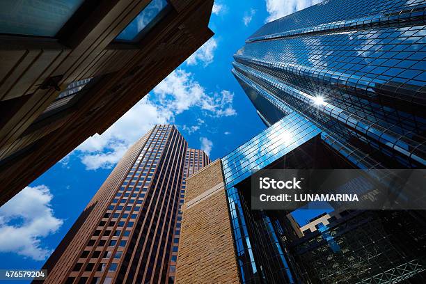 Boston In Massachusetts Downtown Buidings Stock Photo - Download Image Now - 2015, Architecture, Blue