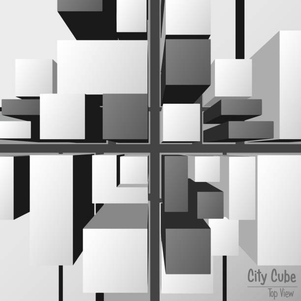 cube mit blick auf die stadt - industry business street steel stock-grafiken, -clipart, -cartoons und -symbole