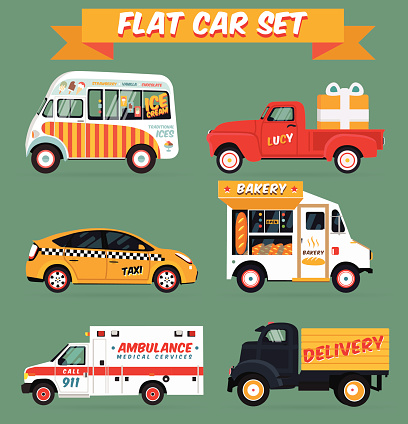 Flat vector car set illustration featuring Ice cream Truck/ Delivery Truck with a gift / Surf woodie car / Bakery truck / Ambulance / Cargo van