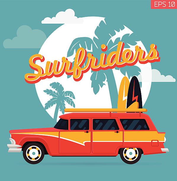 stare retro woodie wagon surf samochód z deski surfingowe - woodie stock illustrations