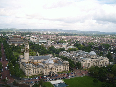 Elevated view of Cardiff's City Hall, with its clock tower, and the National Museum & Art Gallery on City Hall Road.