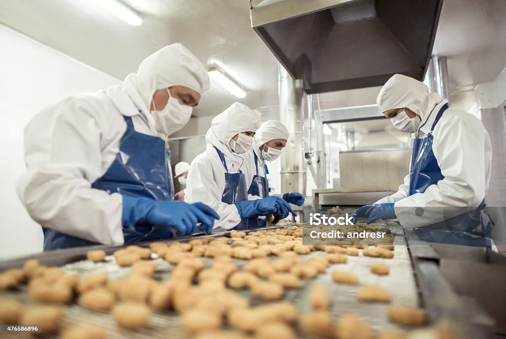 People working at a food factory Group of people working at a food factory doing quality control on the production line Food Processing Plant Stock Photo