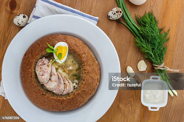 Traditional White Borscht With Sausage Egg In Bread Stock Photo - Download Image Now
