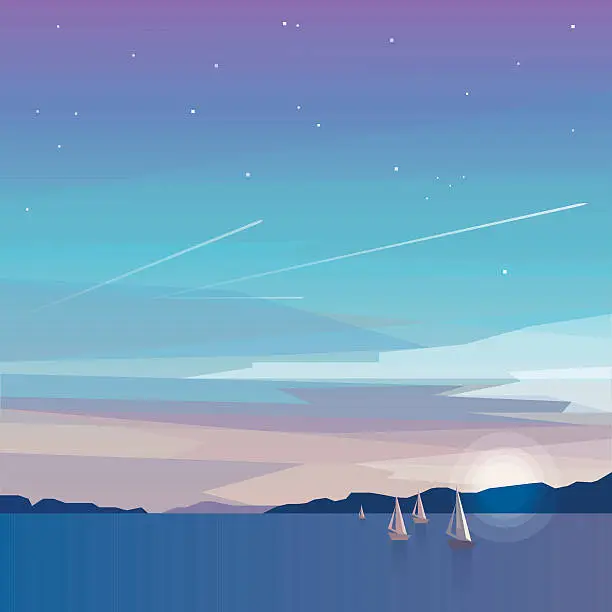 Vector illustration of minimalistic ocean view on evening night landscape with sailing boats