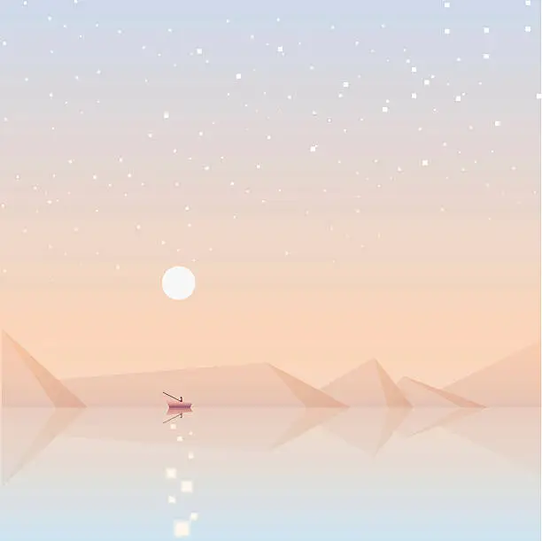 Vector illustration of minimalistic abstract ocean view landscape with fisherman on the moonlight