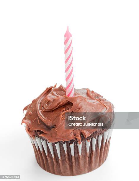 Pink Candle On Chocolate Cupcake Stock Photo - Download Image Now - Anniversary, Baked, Cake