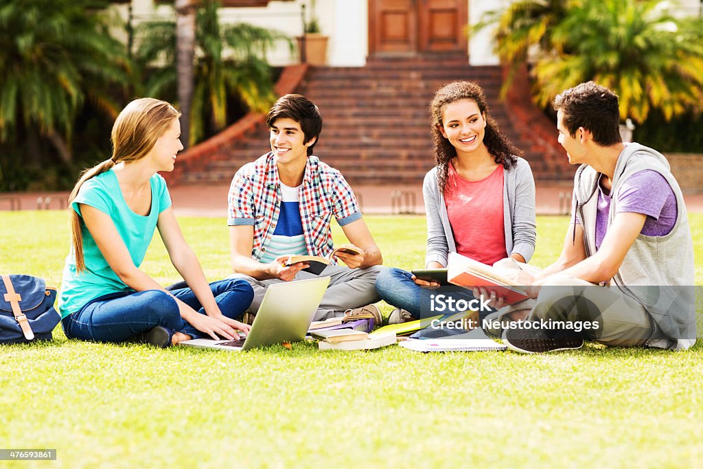 Gruppo di studenti che studiano insieme su Campus universitario, quadruplo - Foto stock royalty-free di Gruppo multietnico