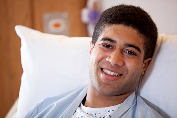 Close up of happy hospital patient. stock photo