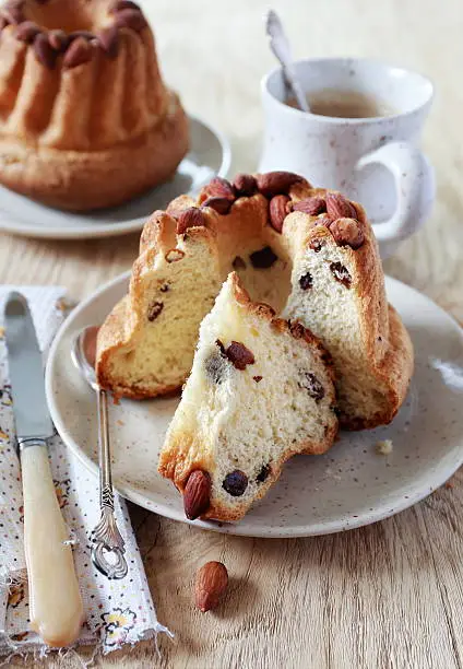 Traditional alsatian pastry: Kouglof with raisins and almonds