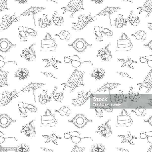 Summer Icons Seamless Line Pattern Doodle Style Stock Illustration - Download Image Now - Drawing - Activity, Illustration, Parasol