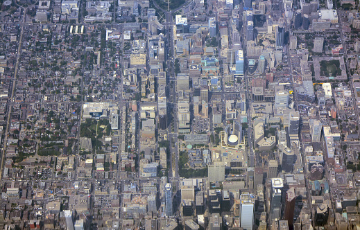 Montreal, Quebec, Canada - Olympic Stadium as seen from the Mount Royal lookout over the town.