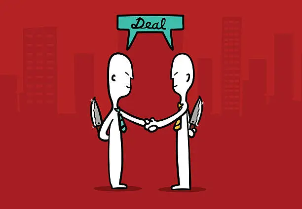 Vector illustration of Two Business mans shaking hands with tricky deal