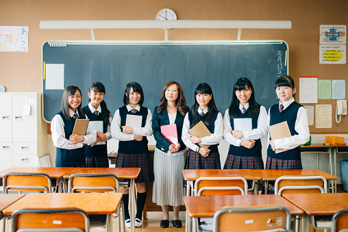 Japanese High School Class Photo together with the teacher