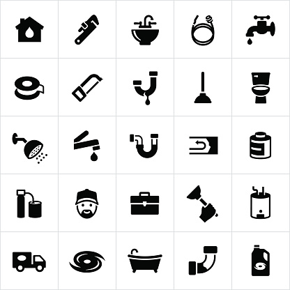 Plumbing related icons. Icons include pipes, leaks, plumbing, tools and a plumber to name a few.