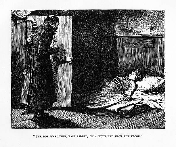 “A Boy Lying Fast Asleep” Charles Dickens Engraving Engraved Illustrations of “The Boy was Lying Fast Asleep, on a Rude Bed Upon the Floor” Charles Dickens Engraving from Collier’s Unabridged Edition of The Works of Charles Dickens. Volume 1, Published in 1870. Copyright has expired on this artwork. Digitally restored. charles dickens stock illustrations