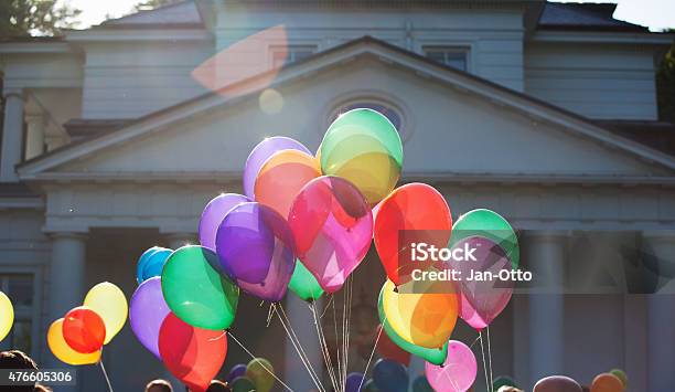 Colourful Balloons Of Wedding Celebration In Front Of Luxury Villa Stock Photo - Download Image Now