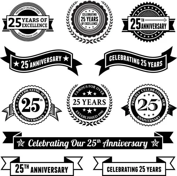 Vector illustration of twenty five year anniversary vector badge set royalty free background