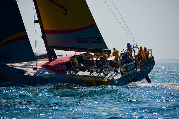 New Port, USA - May 17, 2015: Volvo Ocean Race Sailing Boat at the start of the leg New Port USA to Lisbon Portugal