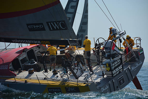 New Port, USA - May 17, 2015: Volvo Ocean Race Sailing Boat at the start of the leg New Port USA to Lisbon Portugal