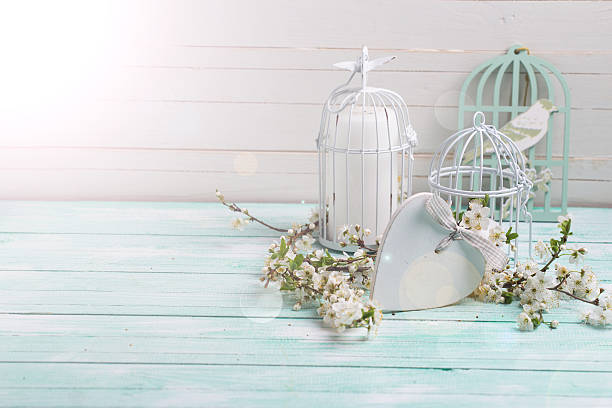 istock Postcard with flowering tree branches, heart and decorative bird 476609284