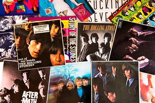 Gothenburg, Sweden - March 2, 2014: The Rolling Stones vinyl record album covers. Originals, old and well used.