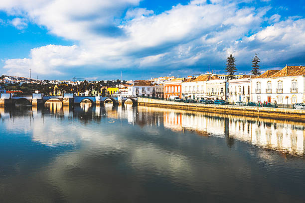Tavira, Algarve. View to town from the river bridge. faro district portugal photos stock pictures, royalty-free photos & images