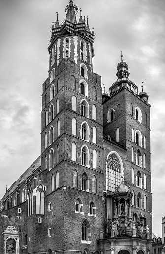 B&W antique Mariacki church in Cracow ( Krakow ), Poland