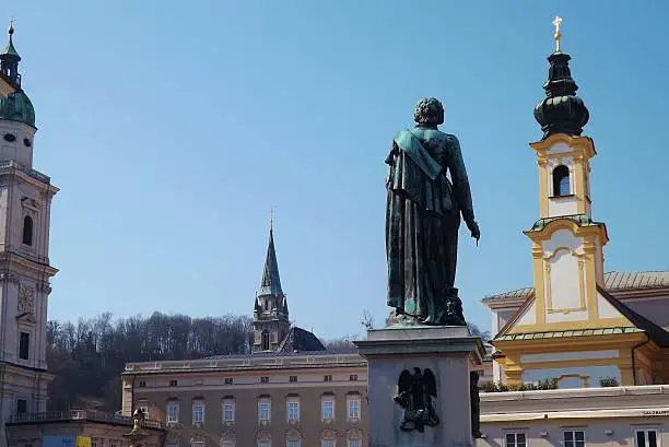 Photo of Salzburg in Austria, Europe. Mozart Monument.