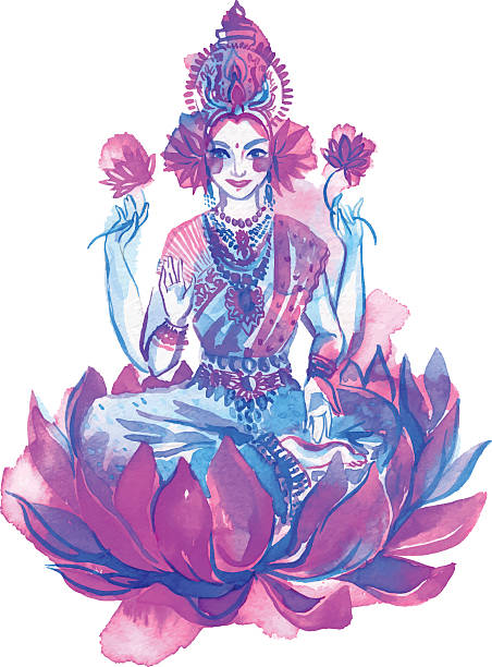 ilustraciones, imágenes clip art, dibujos animados e iconos de stock de lakshmi diosa hindú, acuarela ilustración. - indian god