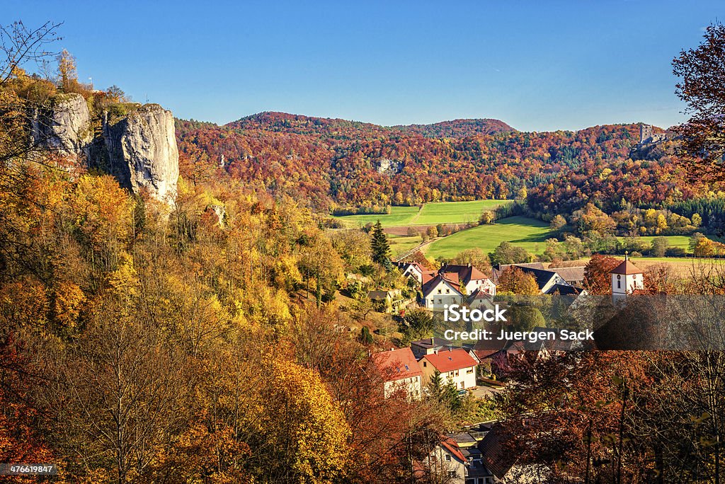 Streitberg and Wiesenttal valley Elevated panoramic view over beautiful German Autumn Landscape in the Franconian Switzerland (Fränkische Schweiz). Bayreuth Stock Photo