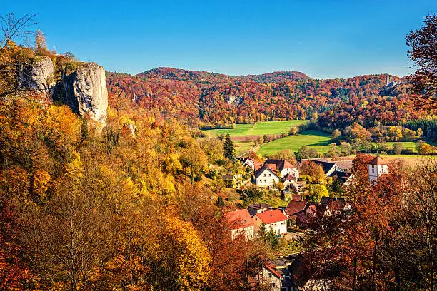 Elevated panoramic view over beautiful German Autumn Landscape in the Franconian Switzerland (Fränkische Schweiz).