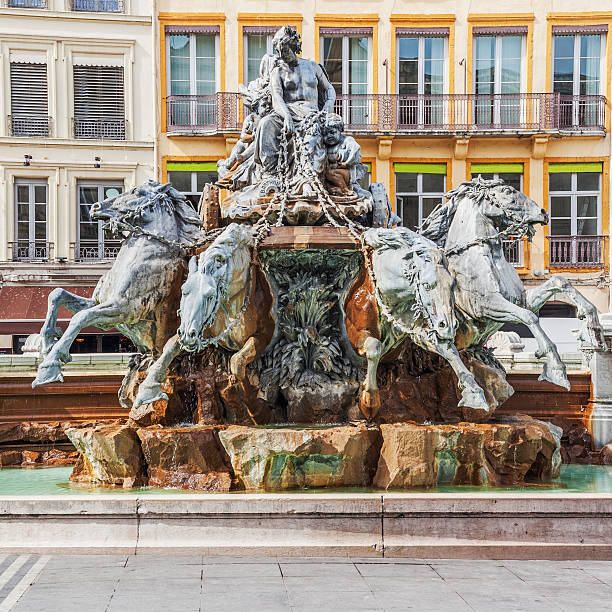 The Bartholdi Fountain in Lyon city stock photo