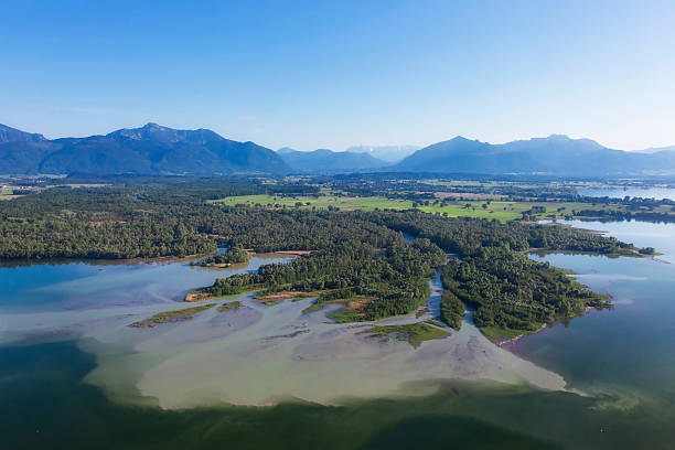 istock Arial view  - River Delta Tiroler Ache over lake Chiemsee 476629094
