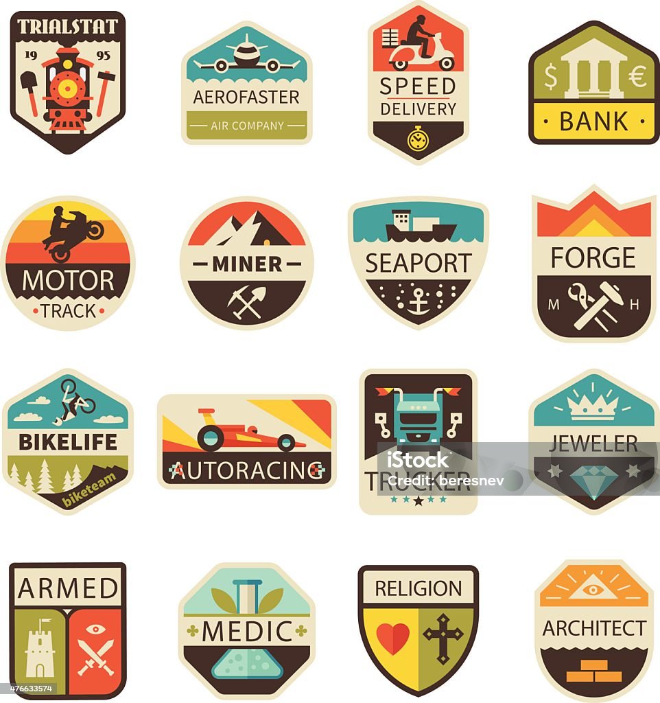 Vintage logos and badges Vintage logos and badges. Professions and Transportation. Vector flat  logo set Bicycle stock vector