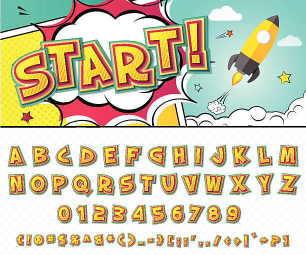 Creative comic font. Vector alphabet in style pop art Creative high detail comic font. Alphabet in the style of comics and pop art. Multilayer funny colorful letters and figures for decoration of kids' illustrations, websites, posters, comics and banners comic book page layout stock illustrations