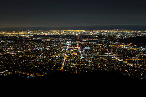 Night Aerial Glendale and Downtown Los Angeles Night aerial of Glendale and downtown Los Angeles in Southern California. eagle rock stock pictures, royalty-free photos & images