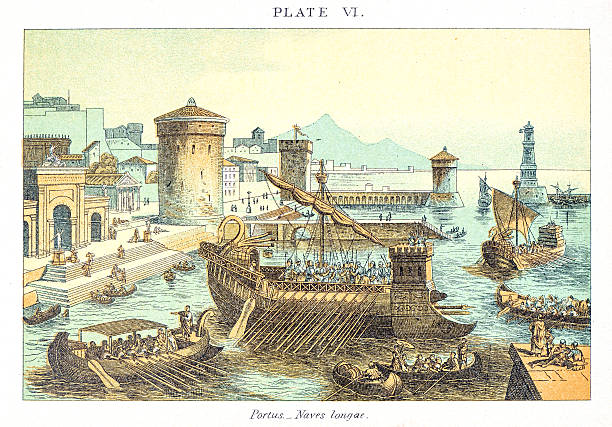 Roman military ships engraving Roman military ships at port during the conquer of Galia  (showing attack and war machines) ancient roman civilization stock illustrations