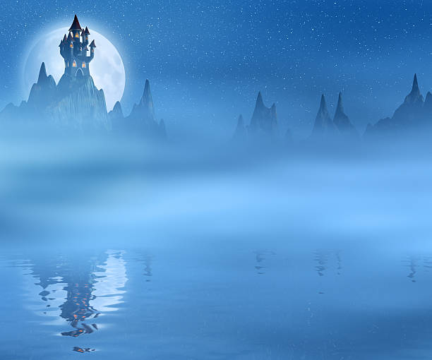 istock Spooky and dark castle and the moon reflected in water 476639035