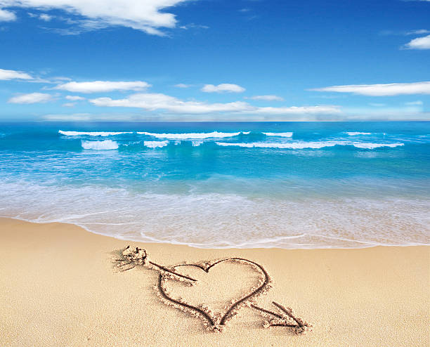 istock Heart with arrow, as love sign, drawn on the beach. 476648077