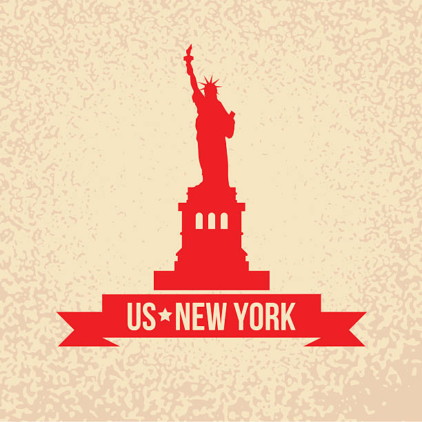 Statue Of Liberty - The symbol of US, New York. Statue Of Liberty - The symbol of US, New York. Vintage stamp with red ribbon on an old papper background statue of liberty replica stock illustrations