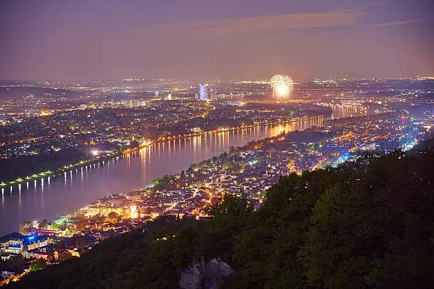 Nightly recording of the city of Bonn in Germany. It shows in high quality the Rhine, the illuminated city and fireworks.