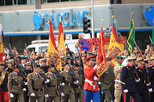 Madrid, Spain - October 12, 2014: Spanish army marching through the downtown of Madrid on Hispanic Day